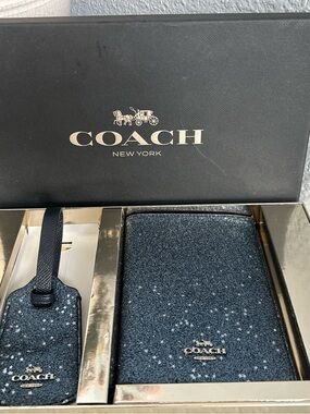 Coach Navy Glitter Passport Wallet with Matching Luggage Tag Set